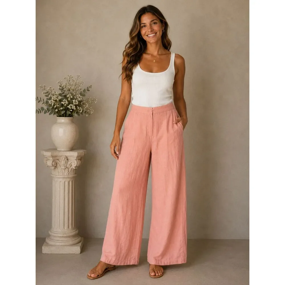 H&M Linen Blend Pink Wide Leg Coastal Preppy Vacation Ready Pants Size Plus 16